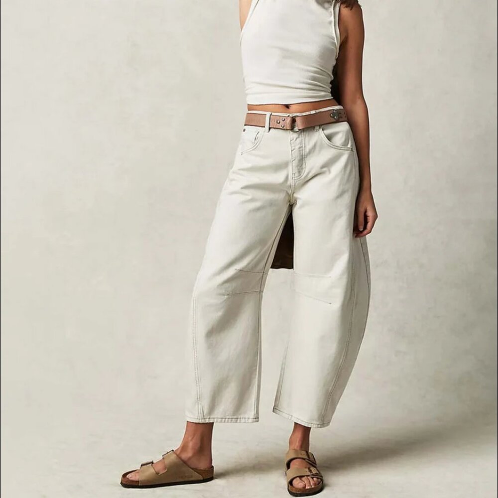 Free People Good Luck Mid-rise Barrel Jeans in Milk